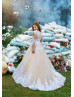 Long Sleeves White Lace Champagne Tulle Elegant Flower Girl Dress